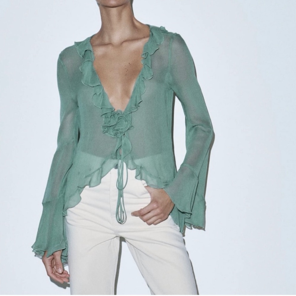 Zara semi sheer blouse with ruffles